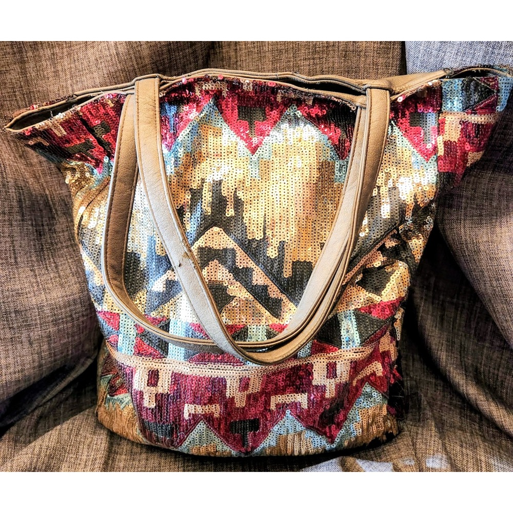 Clutch Sequin Tote Bag Womens Large Multi Color Excellent Boho Festival Glam